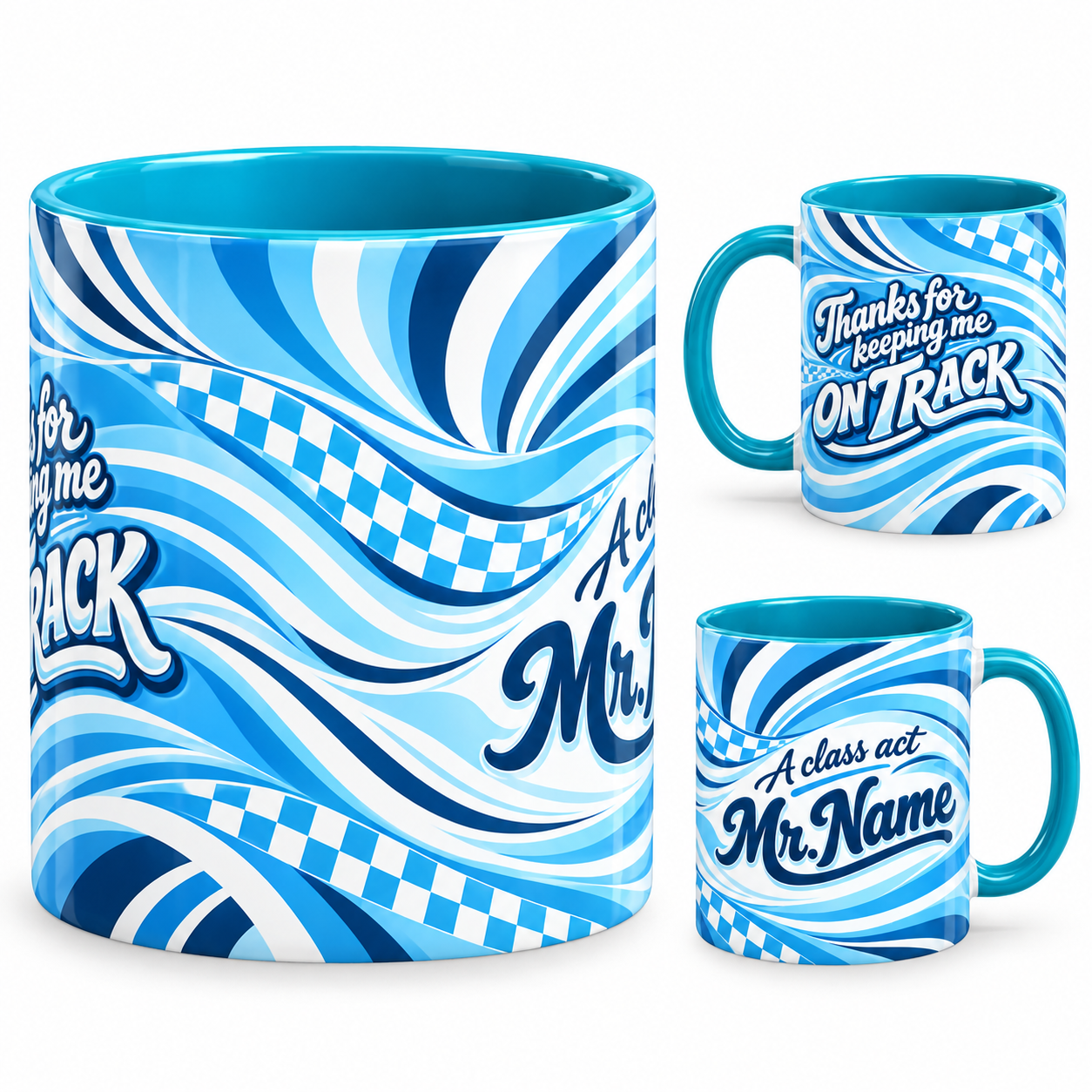 Class Act Mug – 320ml, teal ceramic mug, views of the full-wrap Teacher’s Day design