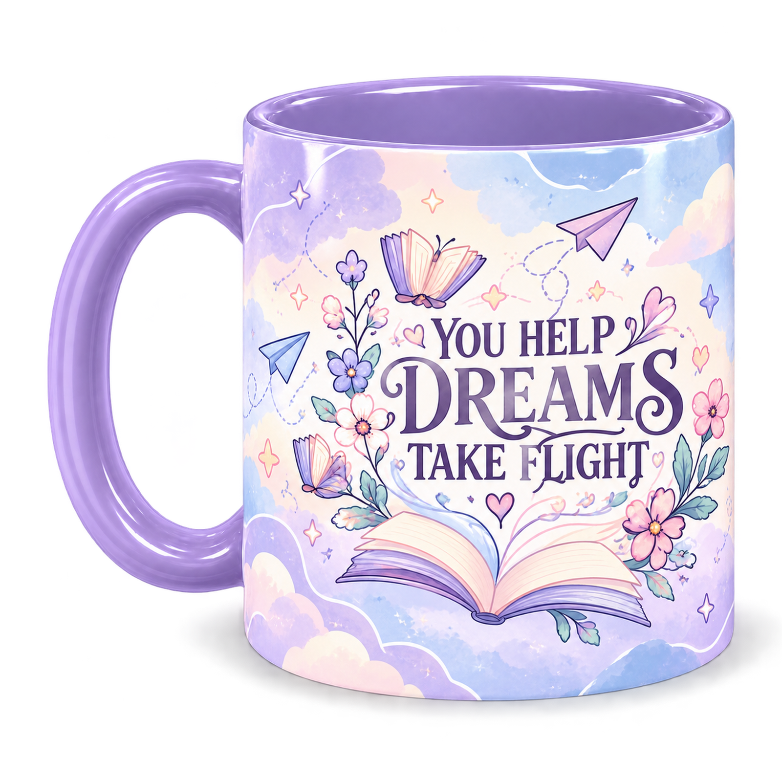 Clouds of Possibility Teacher Mug, light purple – handle on the left, YOU HELP DREAMS TAKE FLIGHT