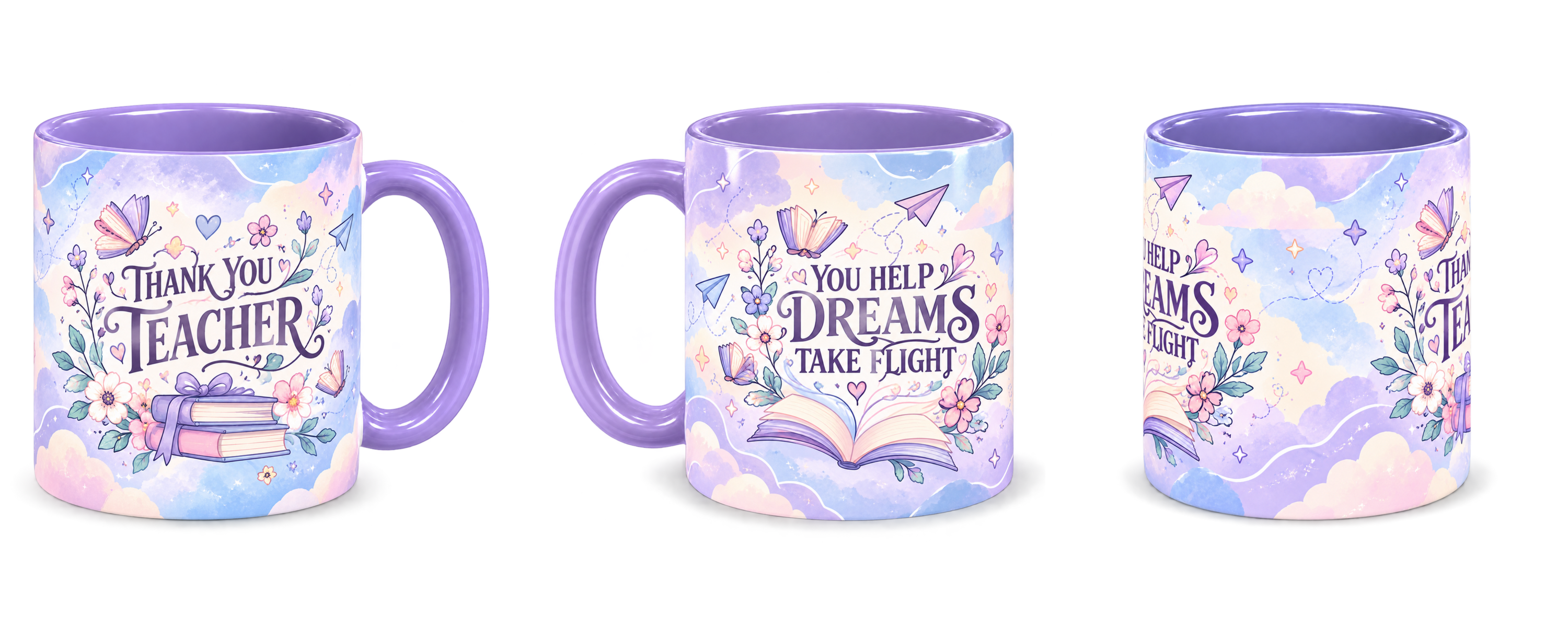 Clouds of Possibility Teacher Mug, light purple – right, left and centre views side by side