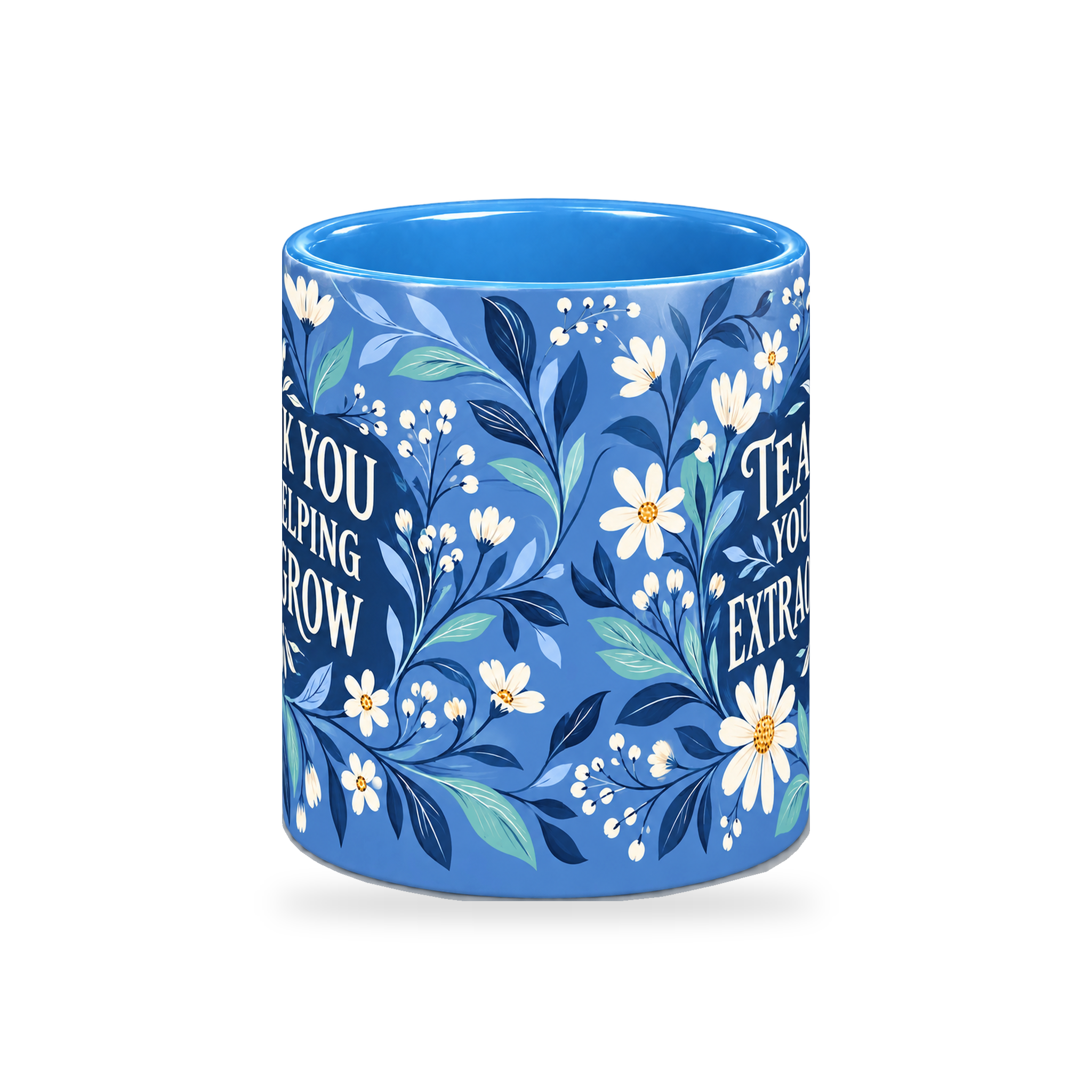 Cobalt Floral Thanks Teacher Mug – 320ml — center view on a transparent background