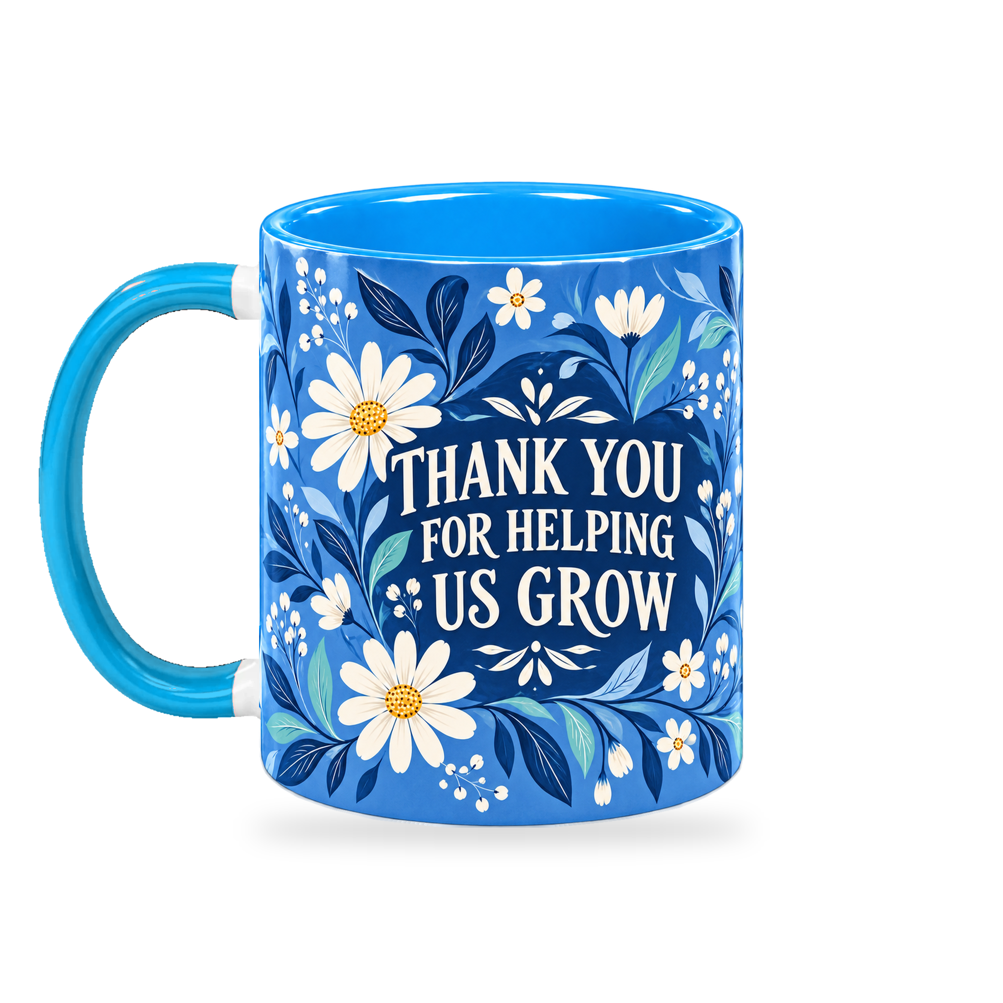 Cobalt Floral Thanks Teacher Mug – 320ml — left view on a transparent background