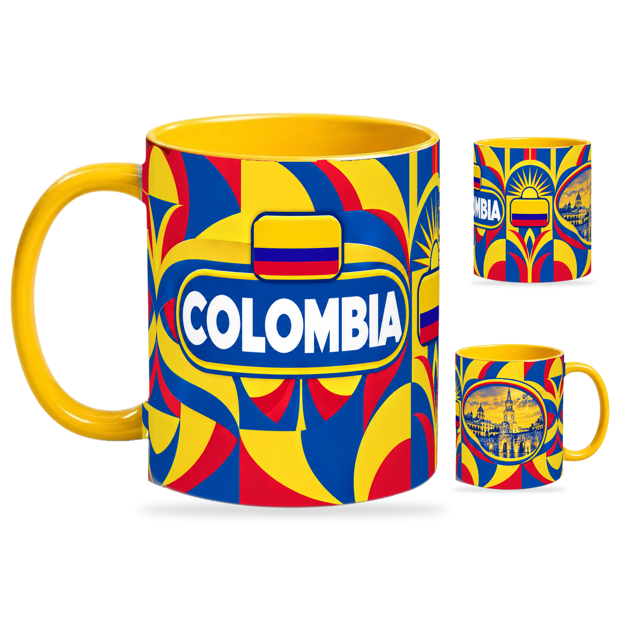 Colombia Mug Yellow – 320ml with yellow handle, showing the country-name side plus companion centered-flag and landmark views of the glossy full-wrap design by Fann Bliss.