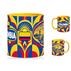 Colombia Mug Yellow – 320ml with yellow handle, showing the centered flag view plus companion country-name and landmark views of the glossy full-wrap design by Fann Bliss.