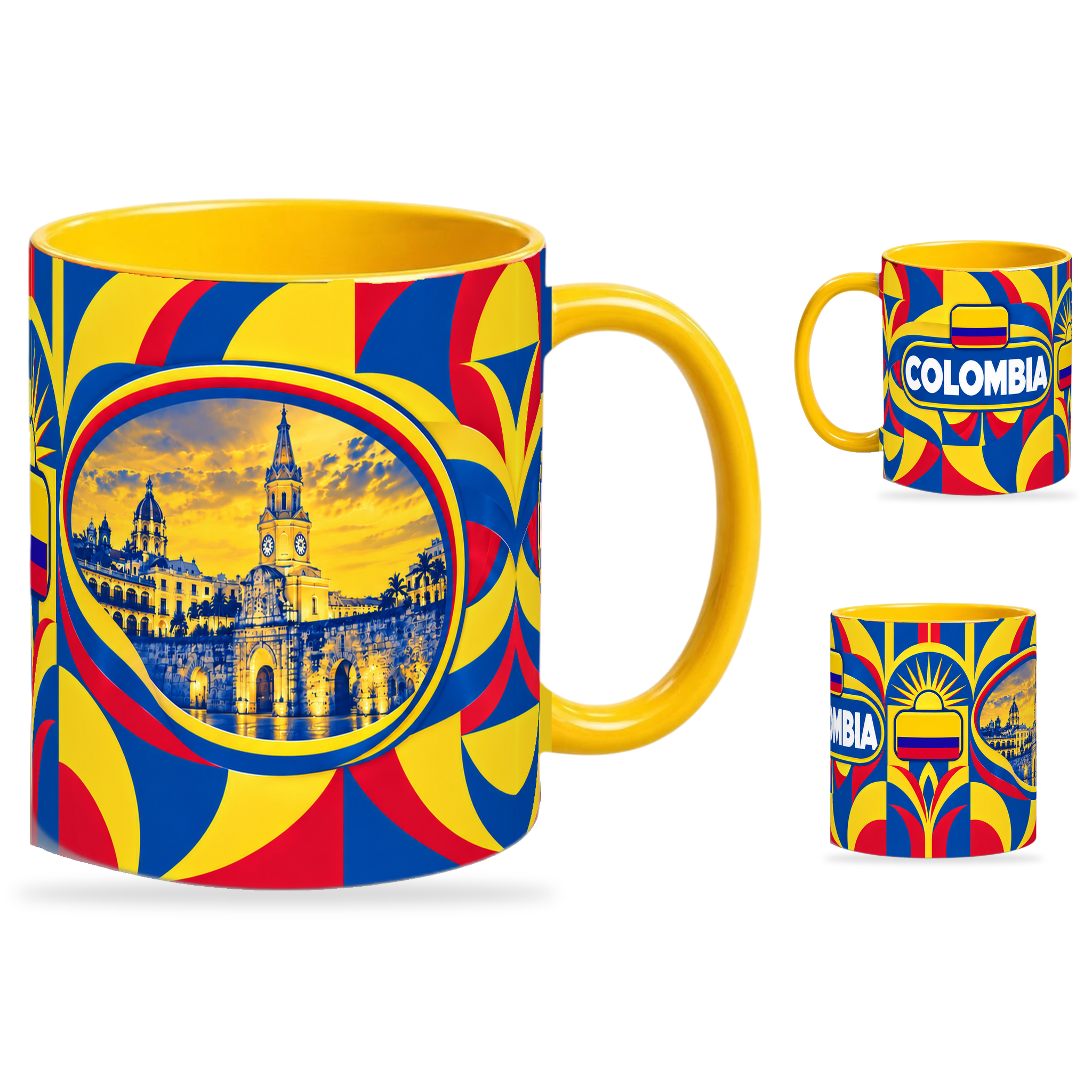 Colombia Mug Yellow – 320ml with yellow handle, showing the landmark side plus companion country-name and centered-flag views of the glossy full-wrap design by Fann Bliss.