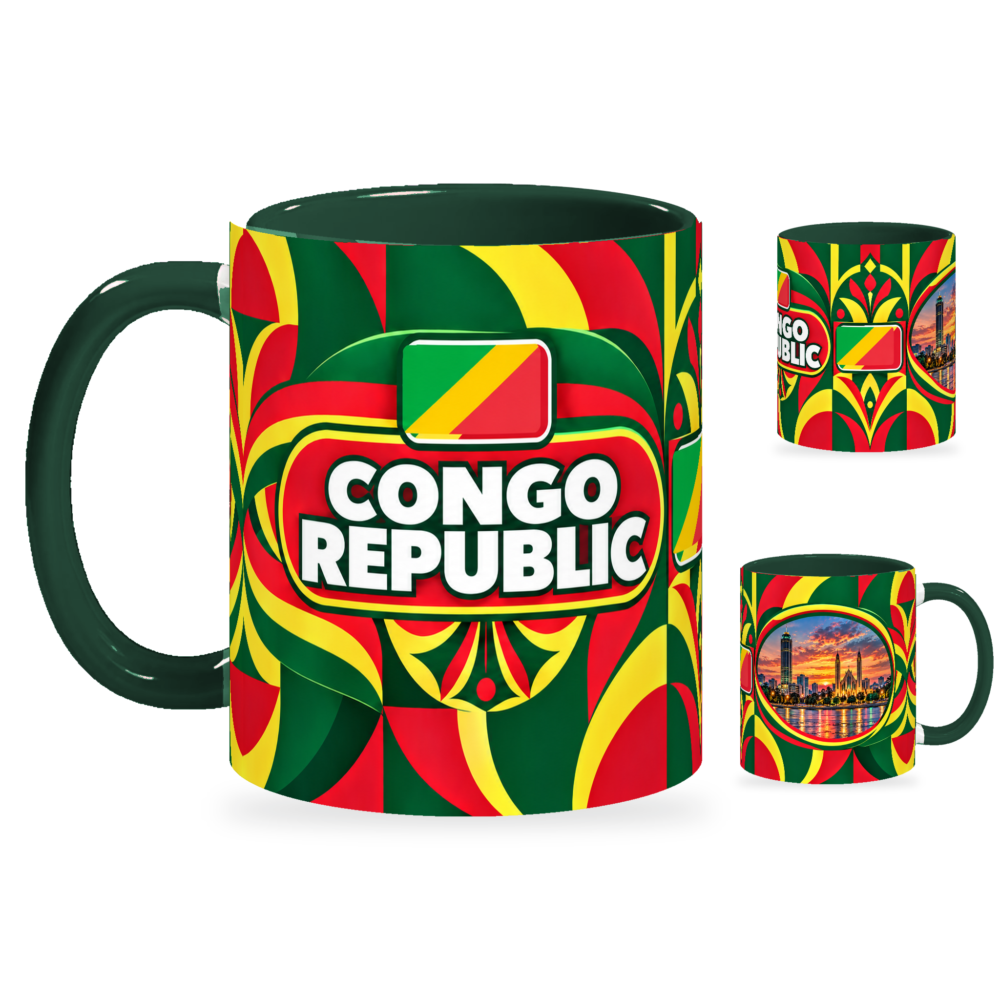 Congo Republic Mug – 320ml with dark green handle, showing the country-name side plus companion centered-flag and landmark views of the glossy full-wrap design by Fann Bliss.