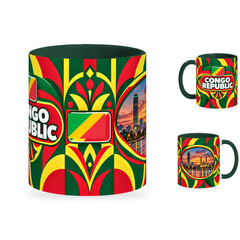 Congo Republic Mug – 320ml with dark green handle, showing the centered flag view plus companion country-name and landmark views of the glossy full-wrap design by Fann Bliss.