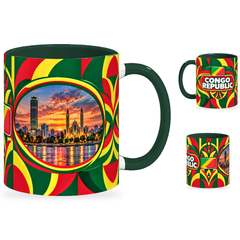 Congo Republic Mug – 320ml with dark green handle, showing the landmark side plus companion country-name and centered-flag views of the glossy full-wrap design by Fann Bliss.