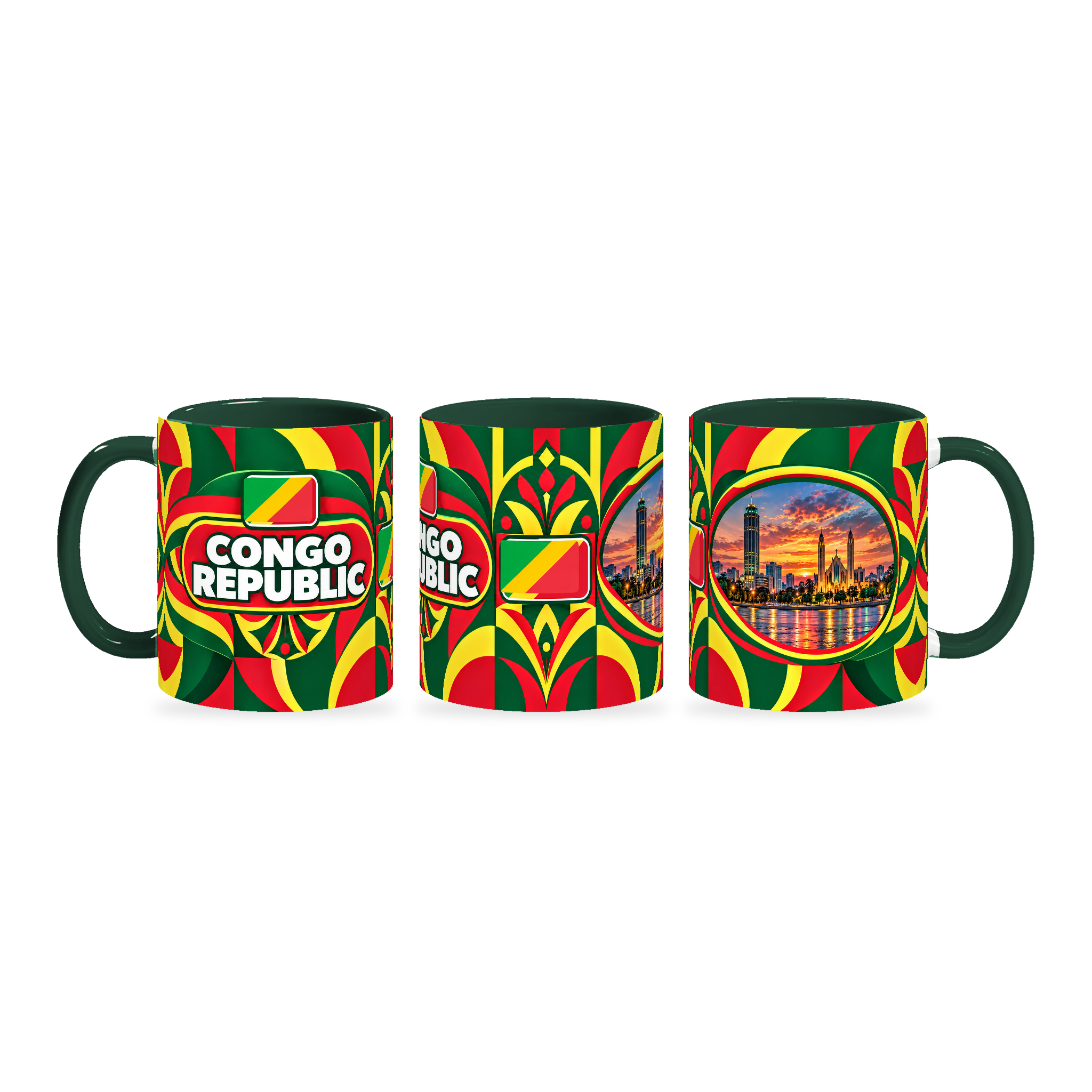 Congo Republic Mug – 320ml with dark green handle, shown in three matching angles of the glossy full-wrap design by Fann Bliss.