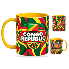 Congo Republic Mug Yellow – 320ml with yellow handle, showing the country-name side plus companion centered-flag and landmark views of the glossy full-wrap design by Fann Bliss.