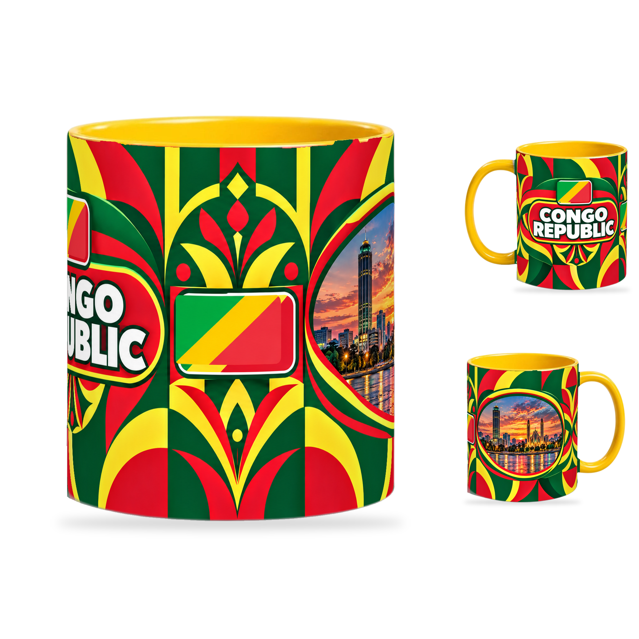 Congo Republic Mug Yellow – 320ml with yellow handle, showing the centered flag view plus companion country-name and landmark views of the glossy full-wrap design by Fann Bliss.