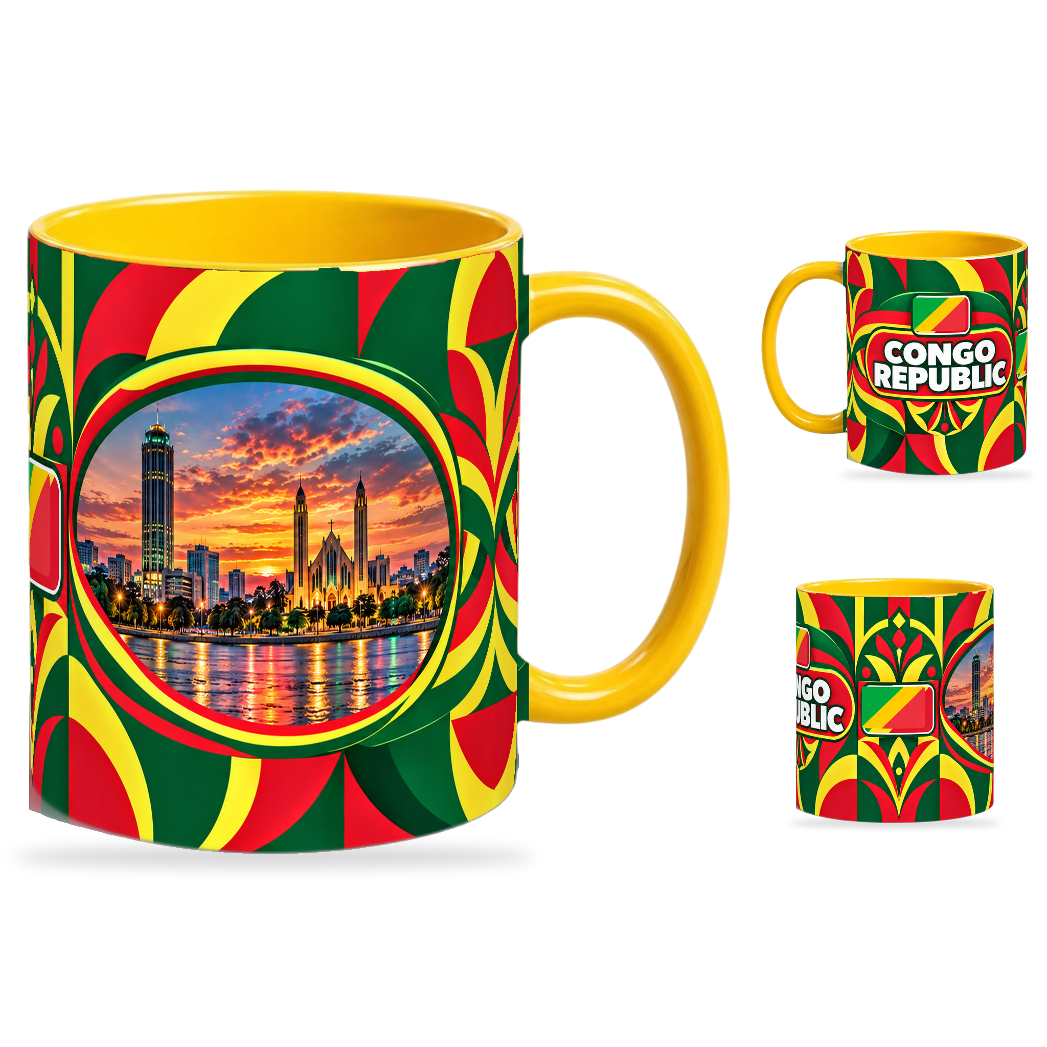 Congo Republic Mug Yellow – 320ml with yellow handle, showing the landmark side plus companion country-name and centered-flag views of the glossy full-wrap design by Fann Bliss.