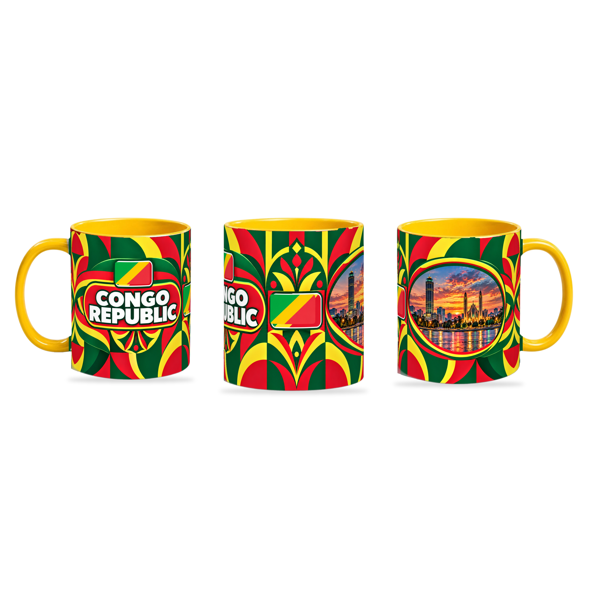 Congo Republic Mug Yellow – 320ml with yellow handle, shown in three matching angles of the glossy full-wrap design by Fann Bliss.