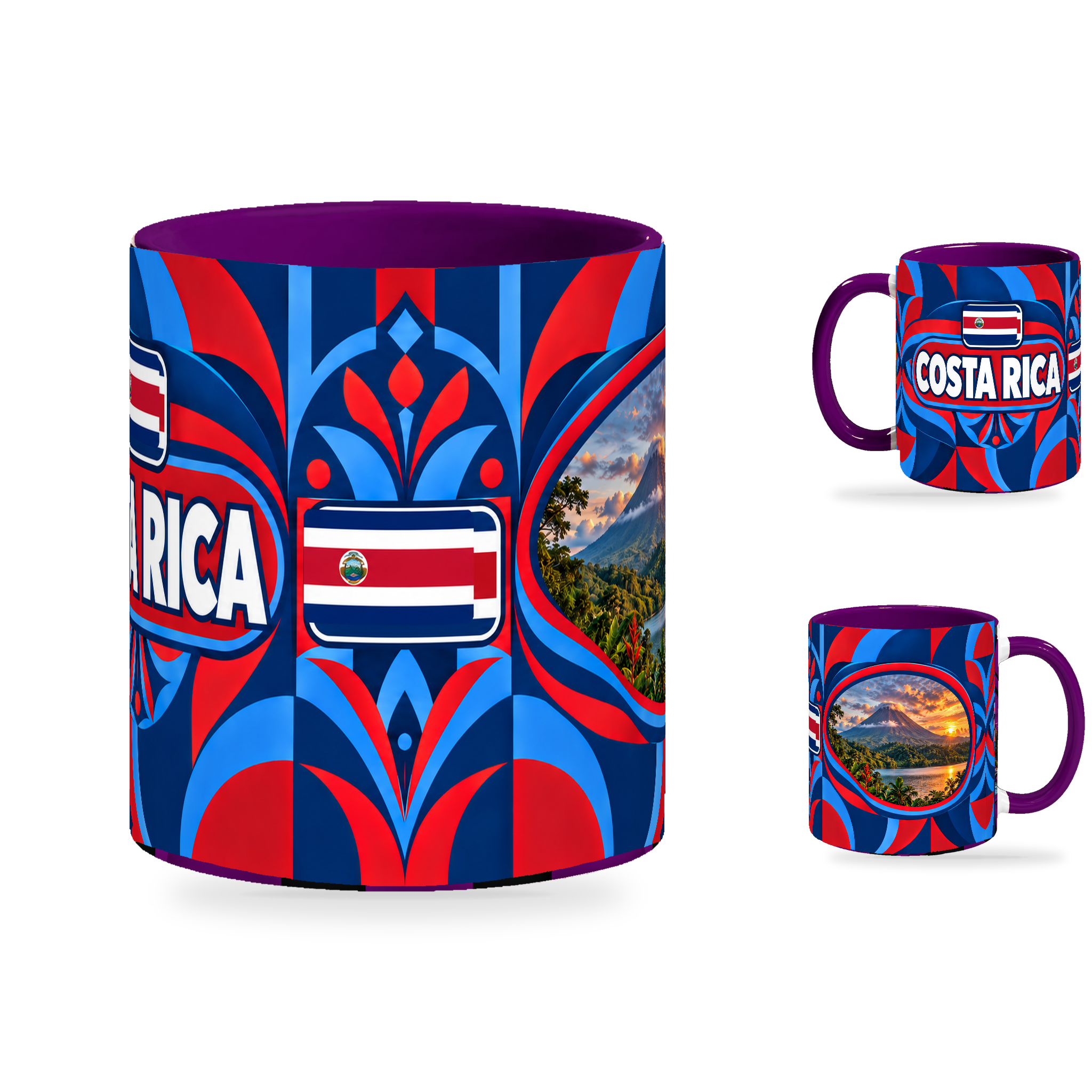Costa Rica Mug Purple – 320ml with purple handle, showing the centered flag view plus companion country-name and landmark views of the glossy full-wrap design by Fann Bliss.