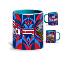 Costa Rica Mug Teal – 320ml with teal handle, showing the centered flag view plus companion country-name and landmark views of the glossy full-wrap design by Fann Bliss.