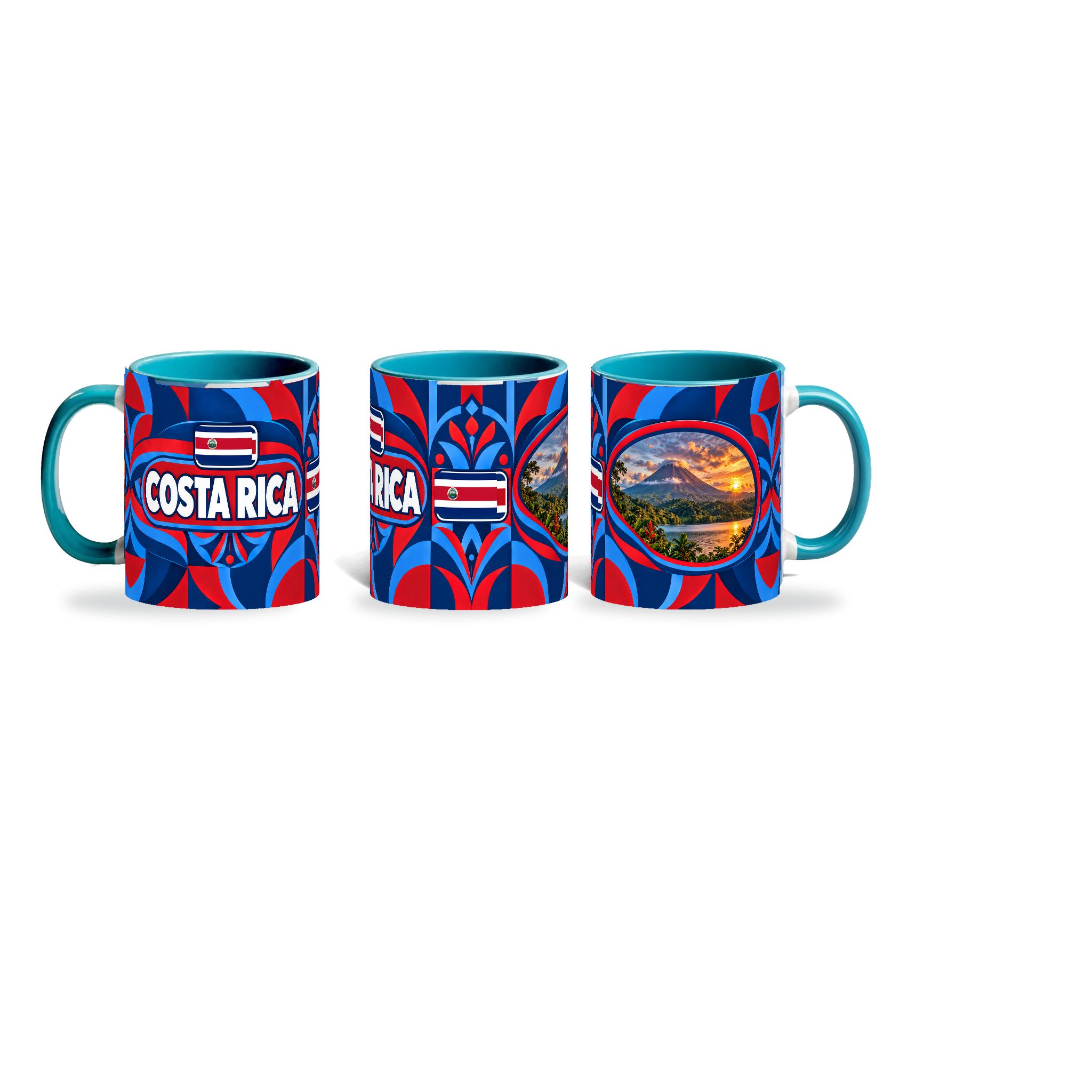 Costa Rica Mug Teal – 320ml with teal handle, shown in three matching angles of the glossy full-wrap design by Fann Bliss.