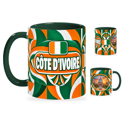 Côte d’Ivoire Mug – 320ml with dark green handle, showing the country-name side plus companion centered-flag and landmark views of the glossy full-wrap design by Fann Bliss.