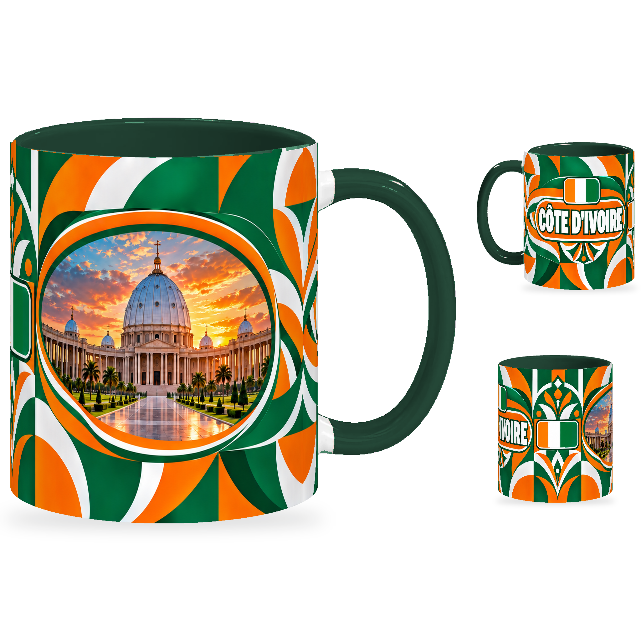 Côte d’Ivoire Mug – 320ml with dark green handle, showing the landmark side plus companion country-name and centered-flag views of the glossy full-wrap design by Fann Bliss.