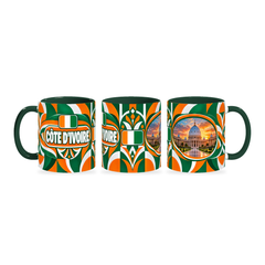 Côte d’Ivoire Mug – 320ml with dark green handle, shown in three matching angles of the glossy full-wrap design by Fann Bliss.