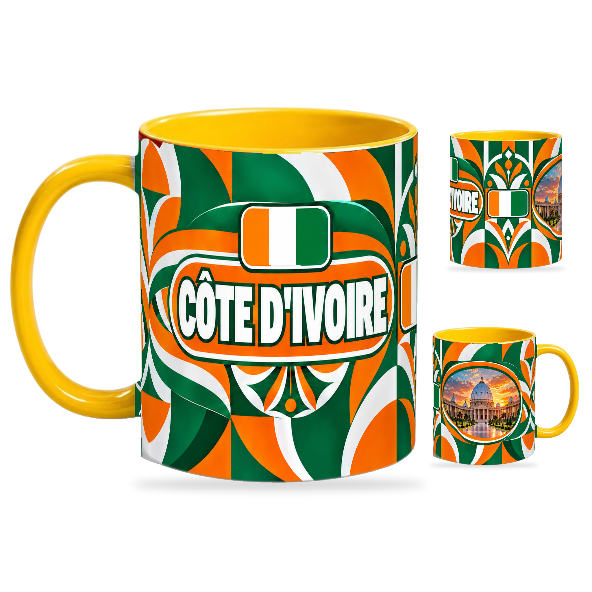 Côte d’Ivoire Mug Yellow – 320ml with yellow handle, showing the country-name side plus companion centered-flag and landmark views of the glossy full-wrap design by Fann Bliss.