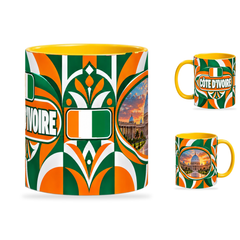Côte d’Ivoire Mug Yellow – 320ml with yellow handle, showing the centered flag view plus companion country-name and landmark views of the glossy full-wrap design by Fann Bliss.