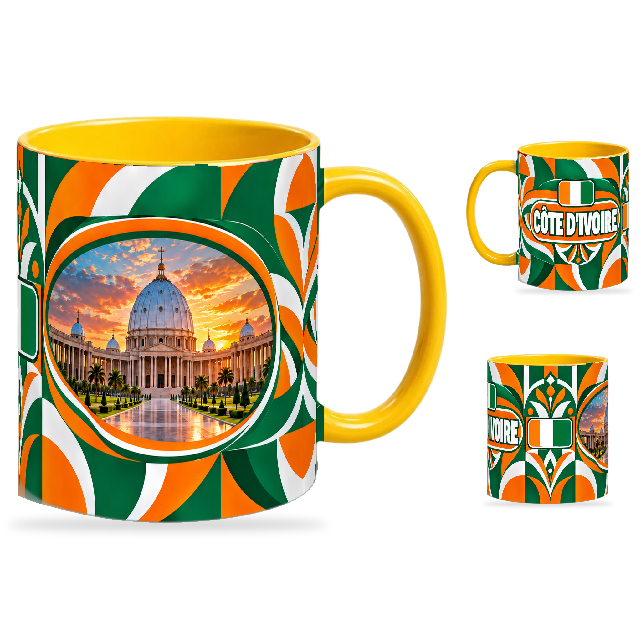 Côte d’Ivoire Mug Yellow – 320ml with yellow handle, showing the landmark side plus companion country-name and centered-flag views of the glossy full-wrap design by Fann Bliss.