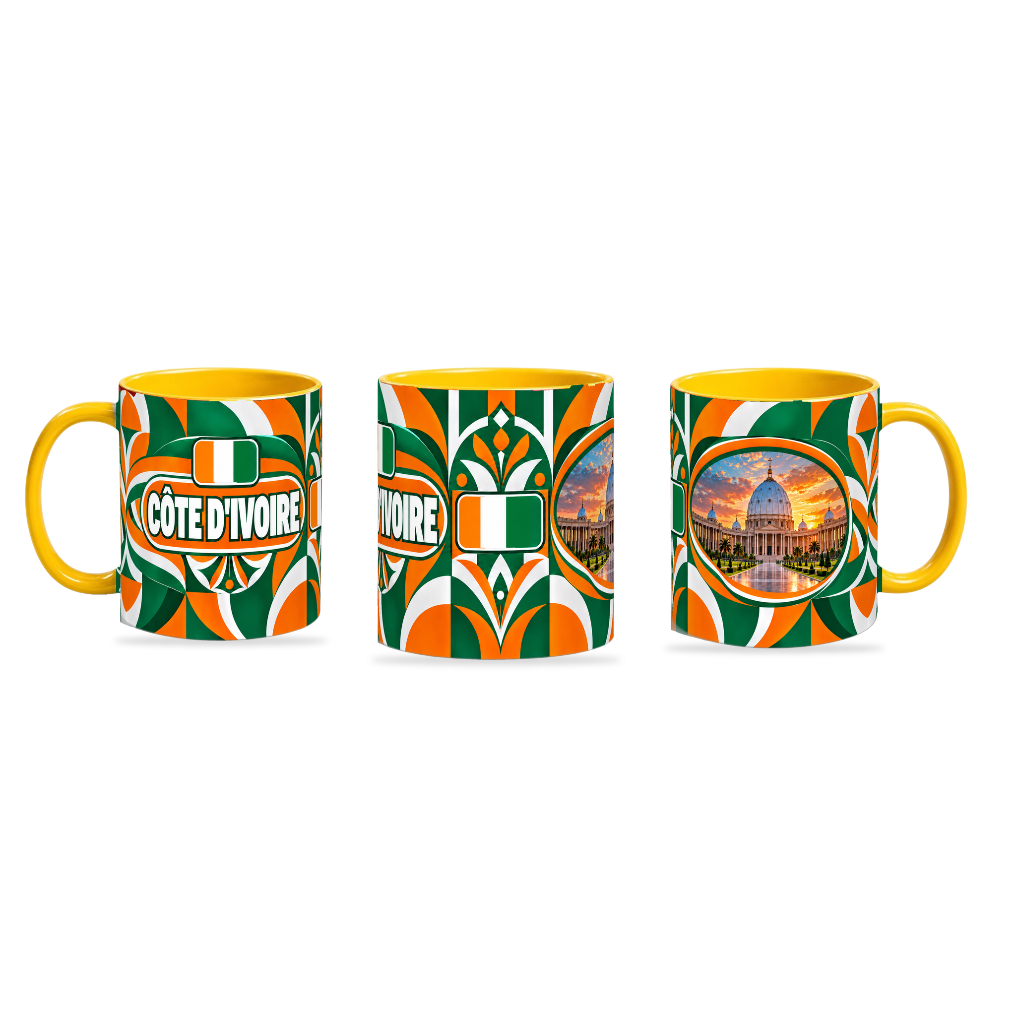 Côte d’Ivoire Mug Yellow – 320ml with yellow handle, shown in three matching angles of the glossy full-wrap design by Fann Bliss.