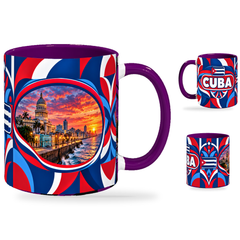 Cuba Mug Purple – 320ml with purple handle, showing the landmark side plus companion country-name and centered-flag views of the glossy full-wrap design by Fann Bliss.