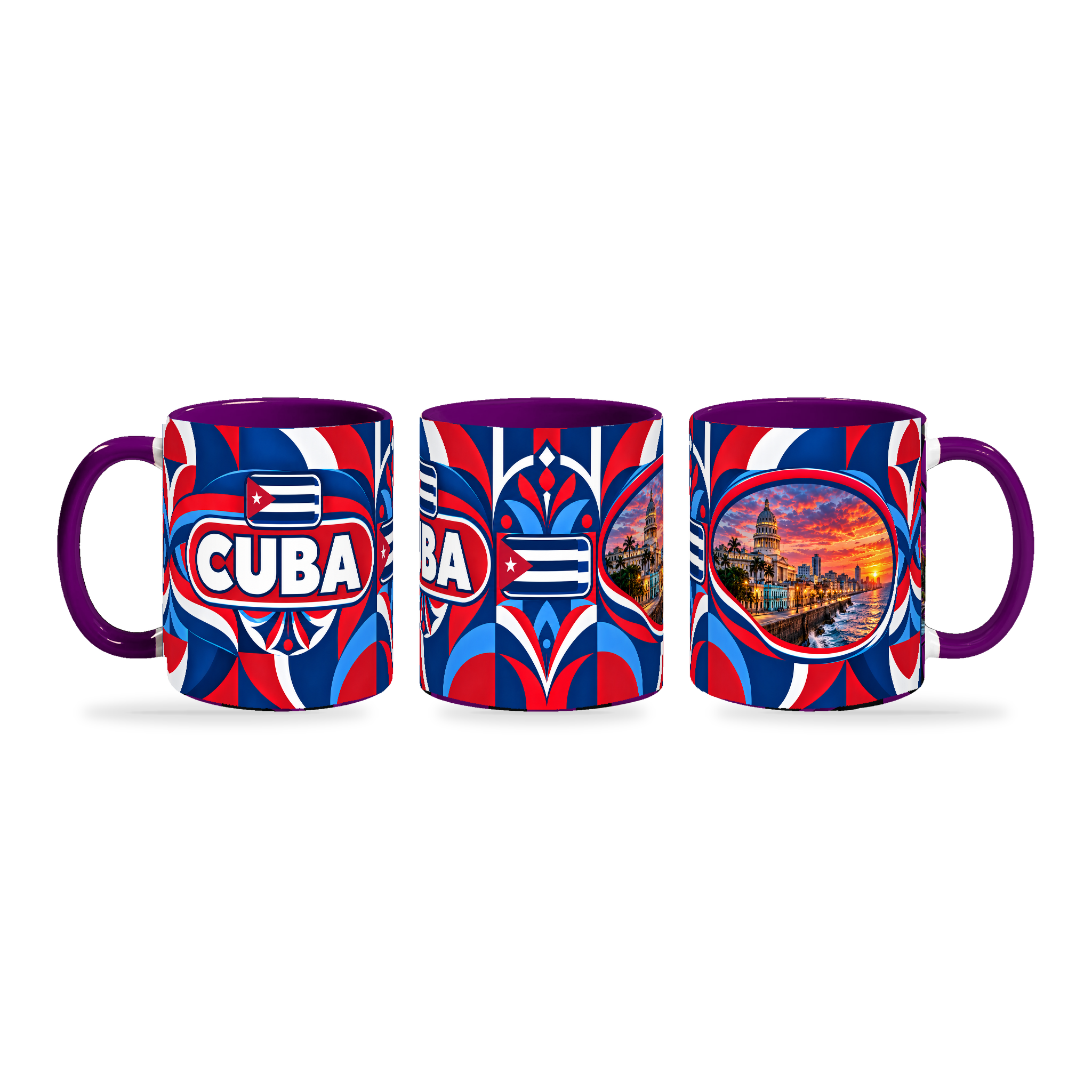 Cuba Mug Purple – 320ml with purple handle, shown in three matching angles of the glossy full-wrap design by Fann Bliss.