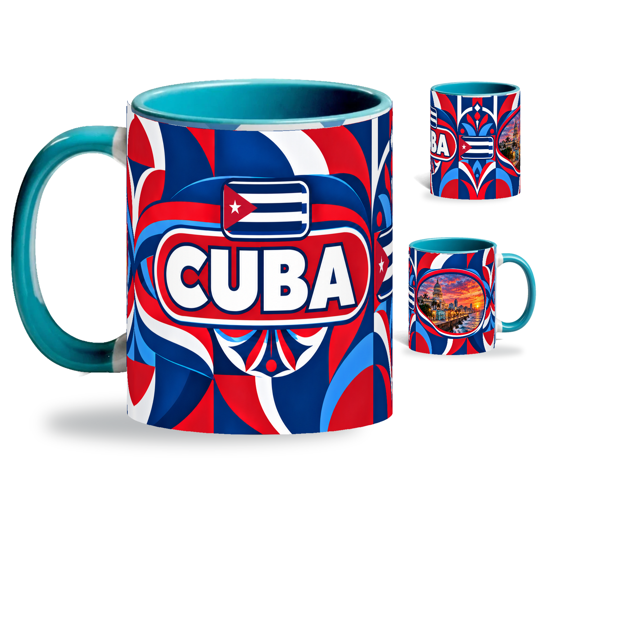 Cuba Mug Teal – 320ml with teal handle, showing the country-name side plus companion centered-flag and landmark views of the glossy full-wrap design by Fann Bliss.