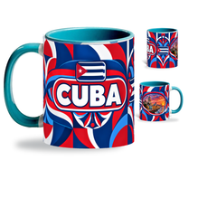 Cuba Mug Teal – 320ml with teal handle, showing the country-name side plus companion centered-flag and landmark views of the glossy full-wrap design by Fann Bliss.