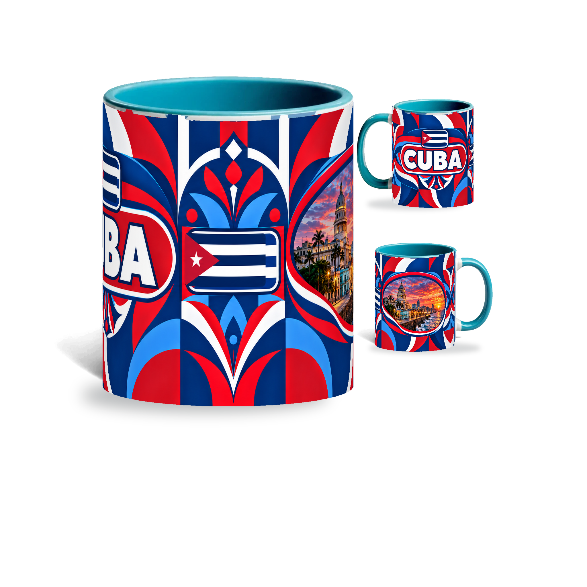 Cuba Mug Teal – 320ml with teal handle, showing the centered flag view plus companion country-name and landmark views of the glossy full-wrap design by Fann Bliss.