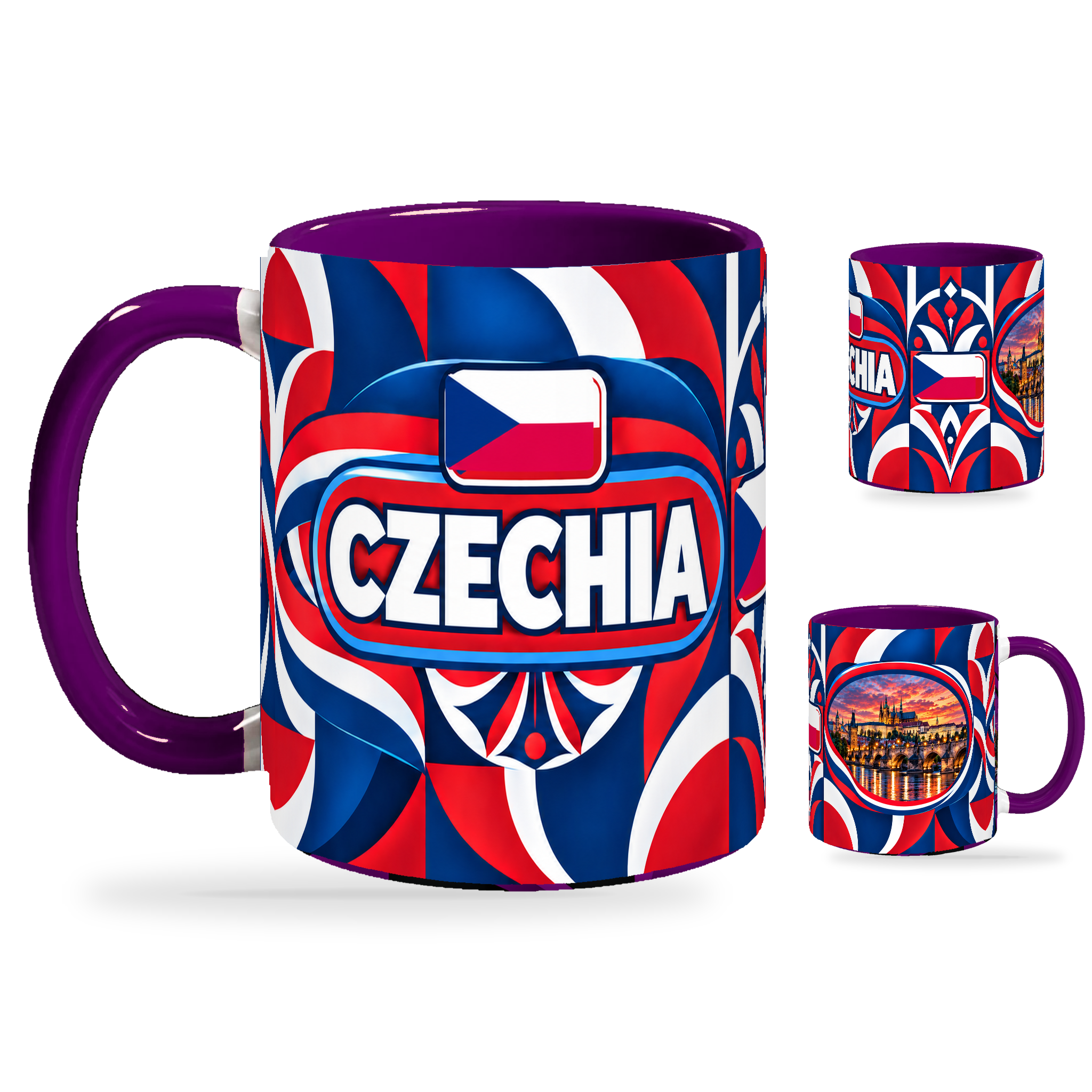 Czechia Mug Purple – 320ml with purple handle, showing the country-name side plus companion centered-flag and landmark views of the glossy full-wrap design by Fann Bliss.