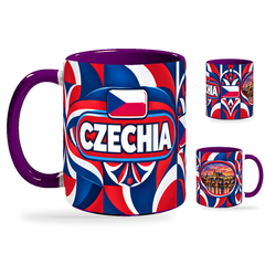 Czechia Mug Purple – 320ml with purple handle, showing the country-name side plus companion centered-flag and landmark views of the glossy full-wrap design by Fann Bliss.