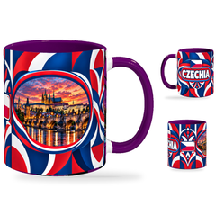 Czechia Mug Purple – 320ml with purple handle, showing the landmark side plus companion country-name and centered-flag views of the glossy full-wrap design by Fann Bliss.