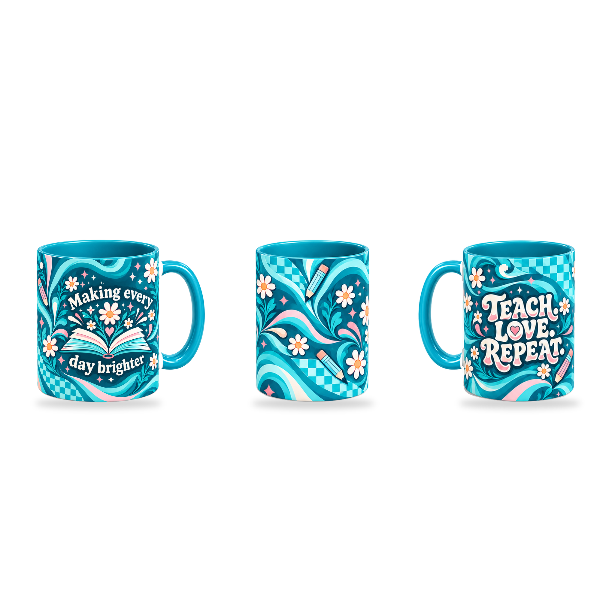Daily Inspiration Mug – 320ml, Teal ceramic mug, three-angle overview of the Teacher’s Day artwork