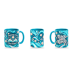 Daily Inspiration Mug – 320ml, Teal ceramic mug, three-angle overview of the Teacher’s Day artwork