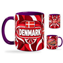 Denmark Mug Purple – 320ml with purple handle, showing the country-name side plus companion centered-flag and landmark views of the glossy full-wrap design by Fann Bliss.