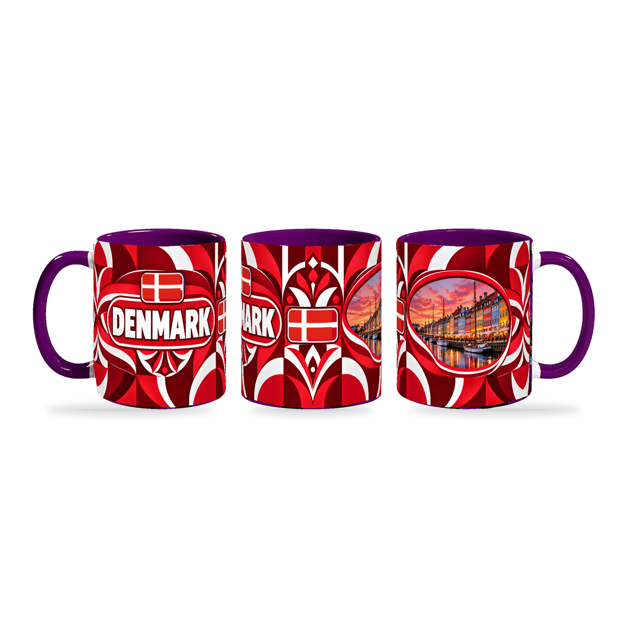 Denmark Mug Purple – 320ml with purple handle, shown in three matching angles of the glossy full-wrap design by Fann Bliss.