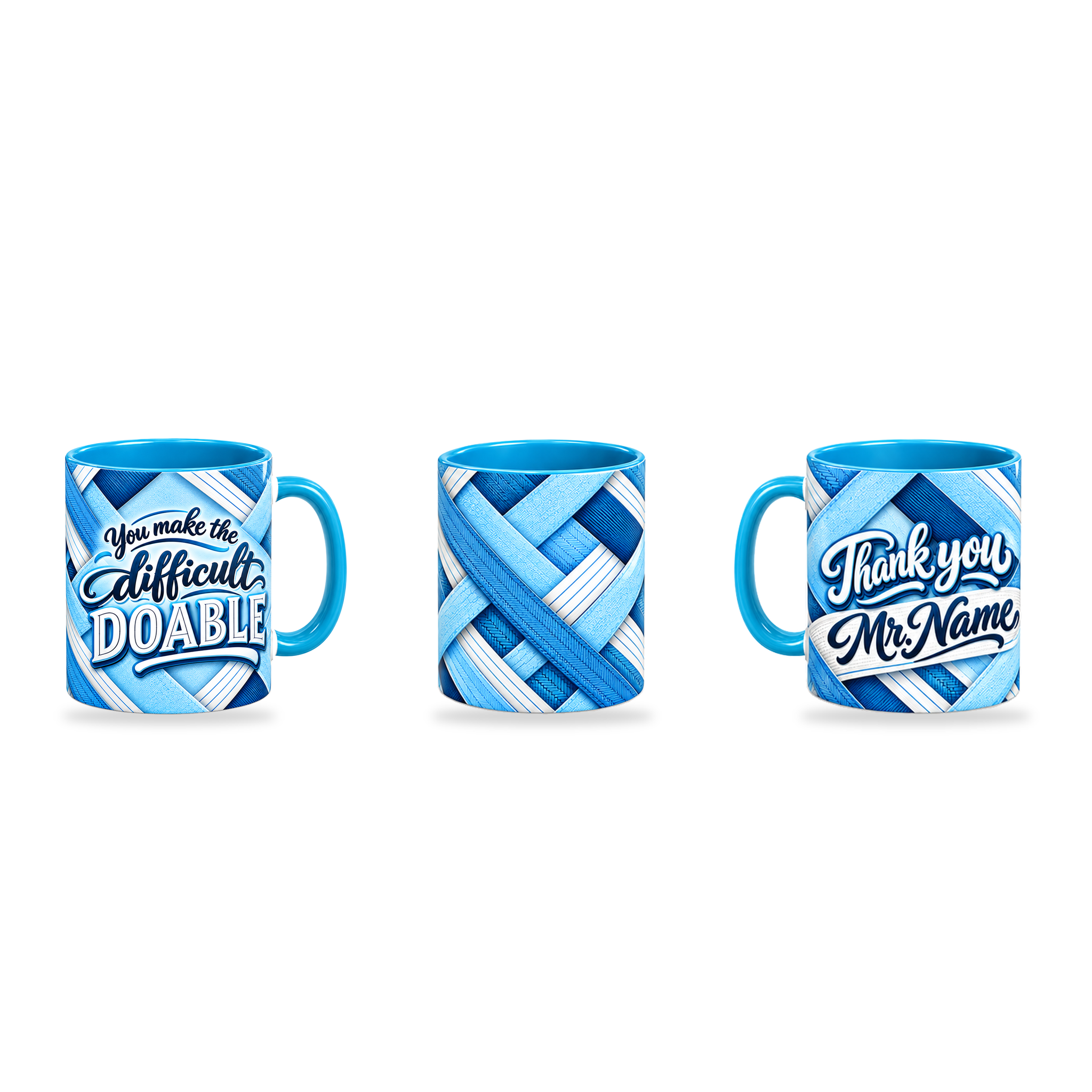 Difference Maker Mug – 320ml, Light Blue ceramic mug, three-angle overview of the Teacher’s Day artwork