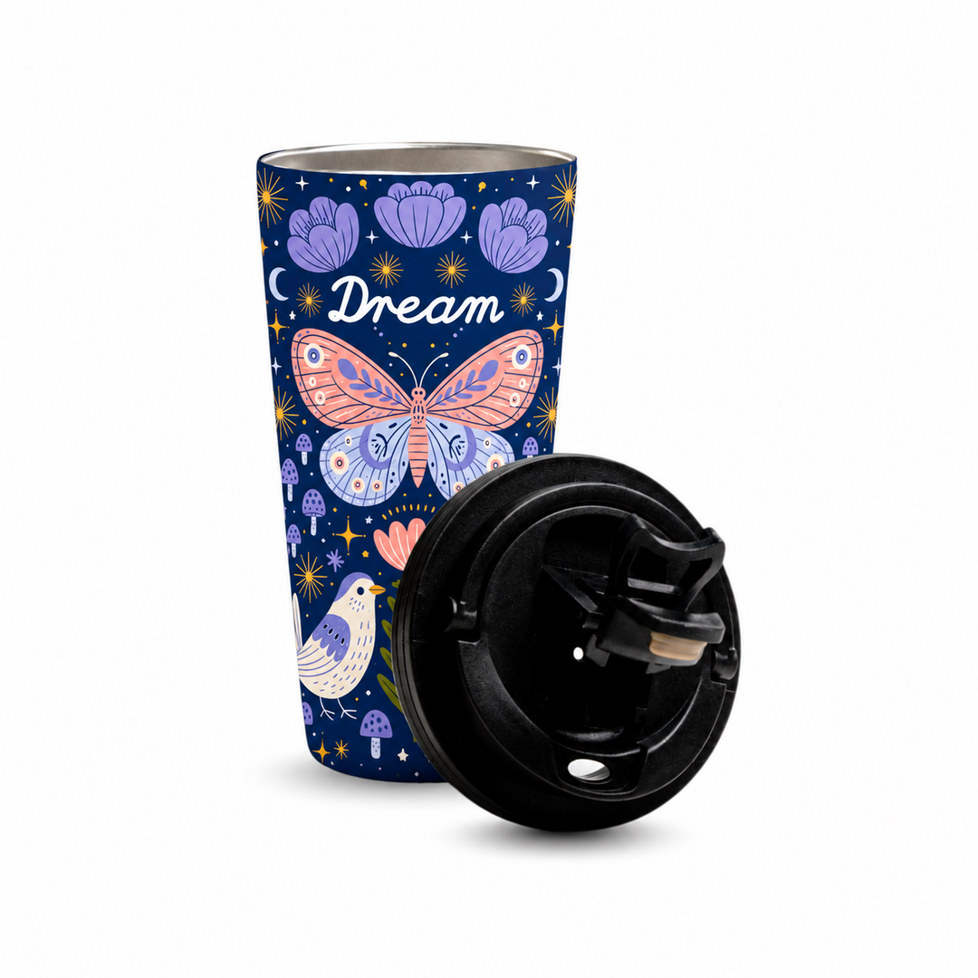Dream 480ml Tumbler with open stainless steel rim and detached black lid