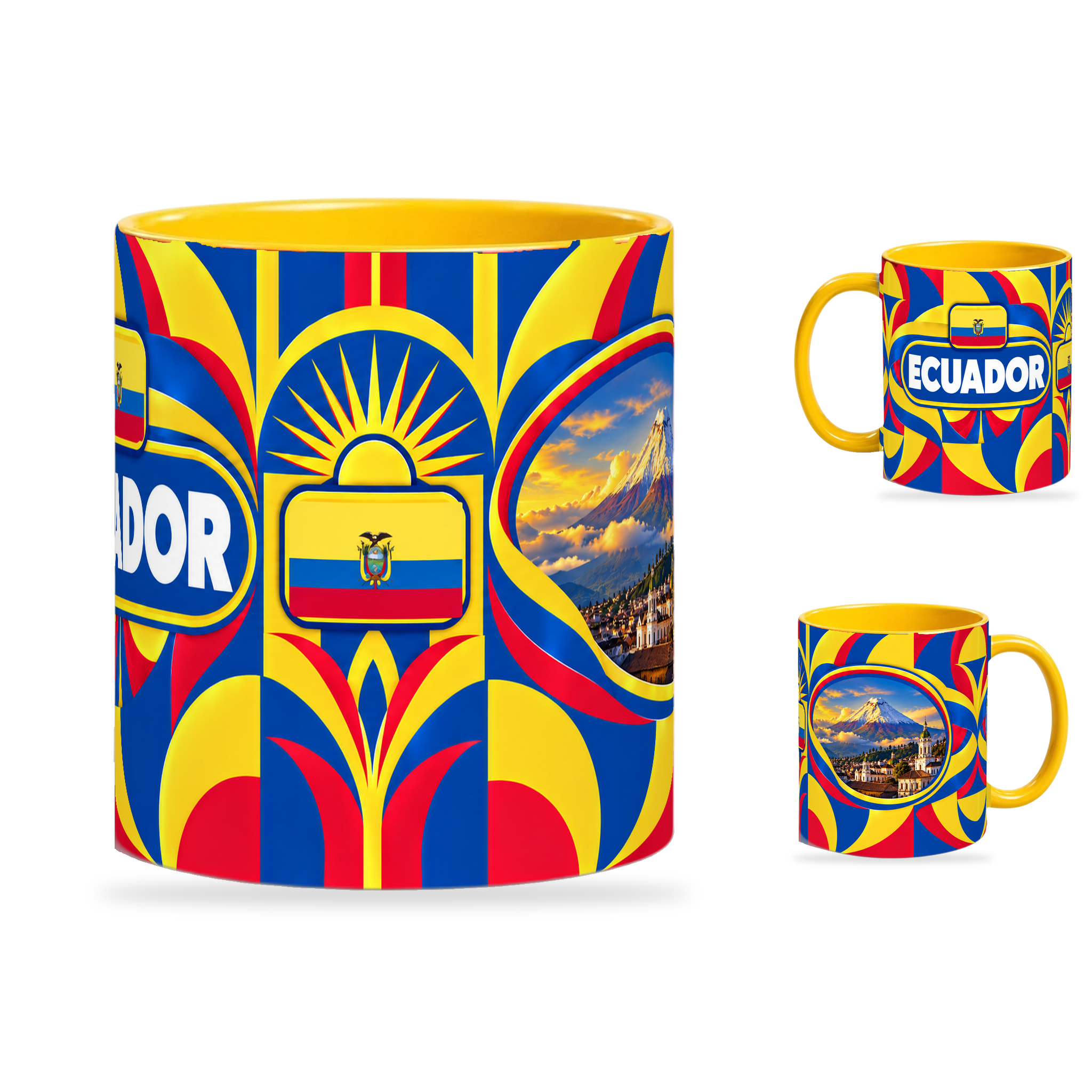 Ecuador Mug – 320ml with yellow handle, showing the centered flag view plus companion country-name and landmark views of the glossy full-wrap design by Fann Bliss.