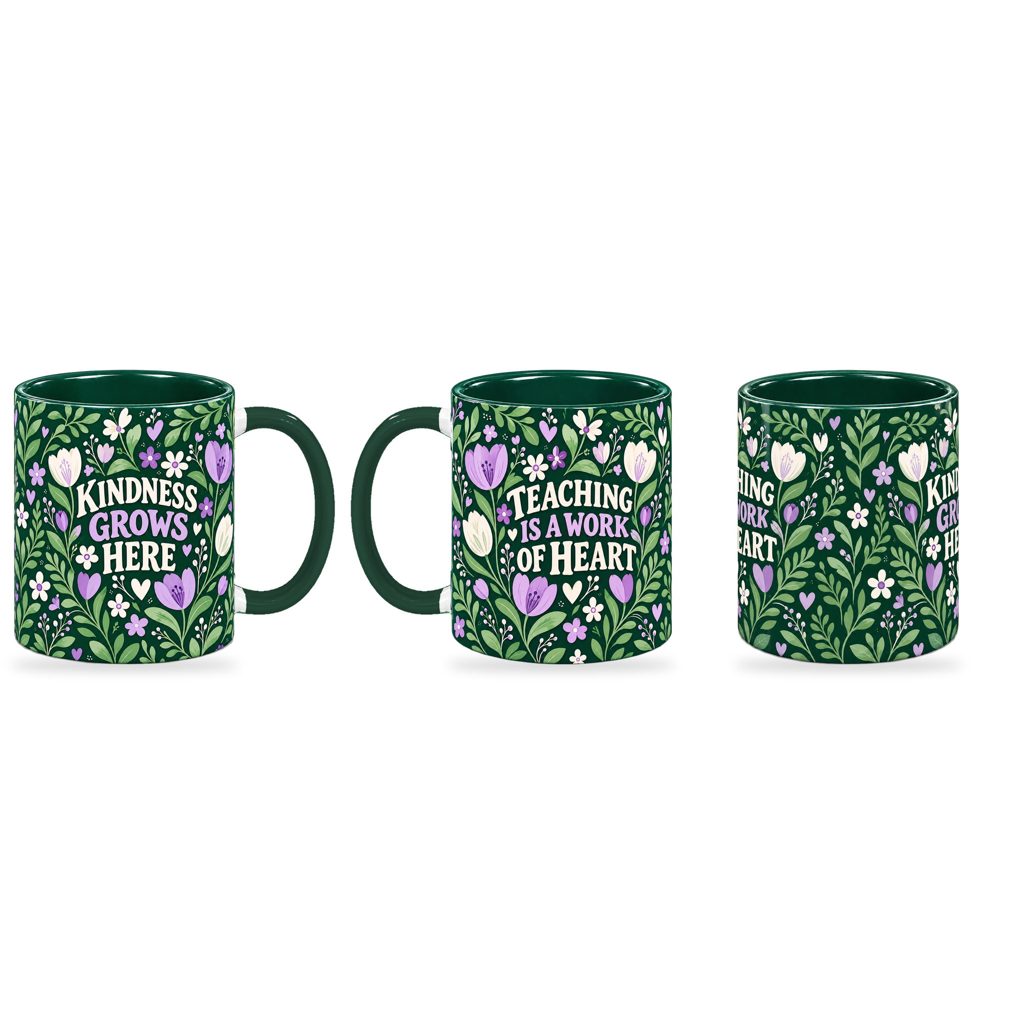 Emerald Folk Tulips Teacher Mug – 320ml — right, left and centre views together on a transparent background