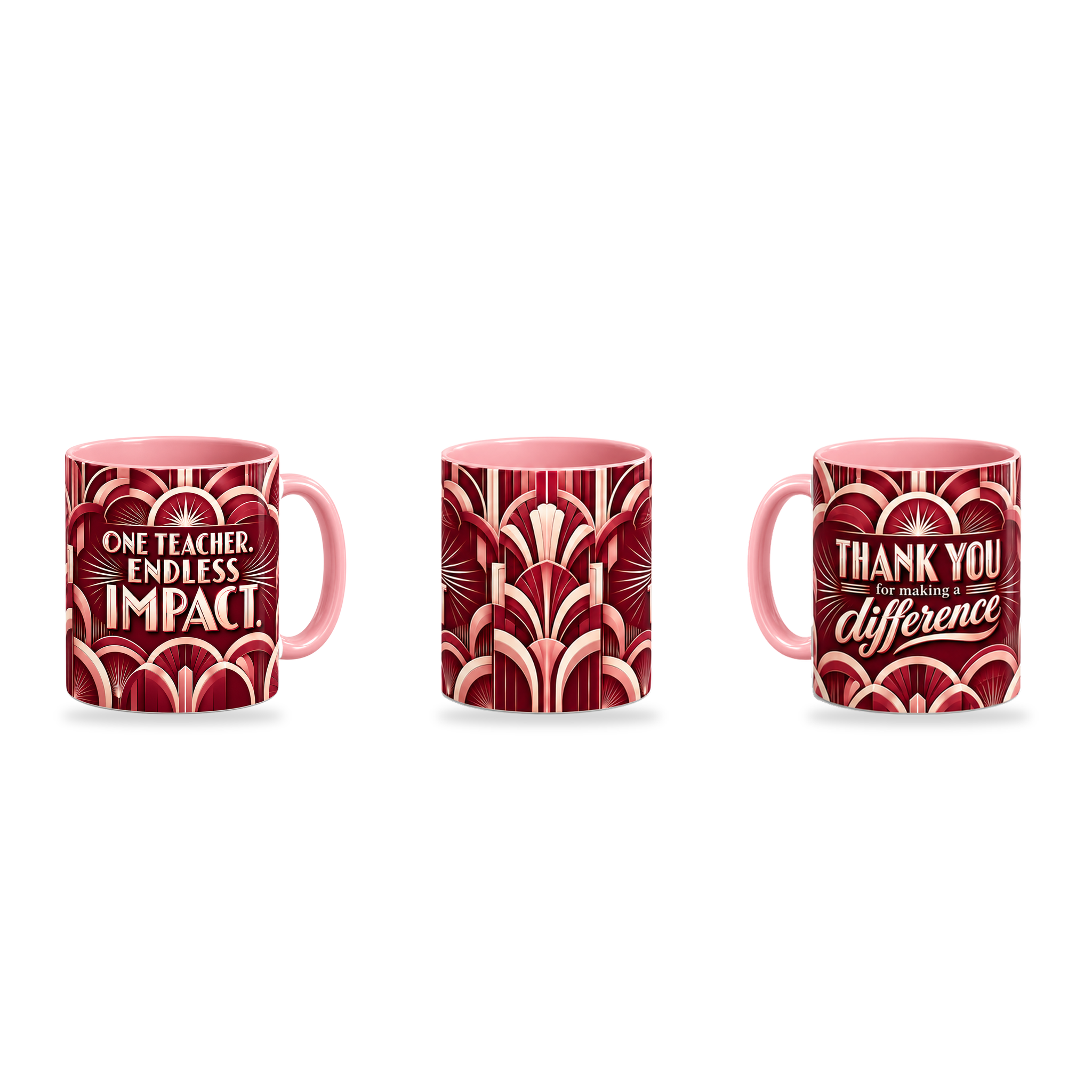 Endless Impact Mug – 320ml, Pink ceramic mug, three-angle overview of the Teacher’s Day artwork