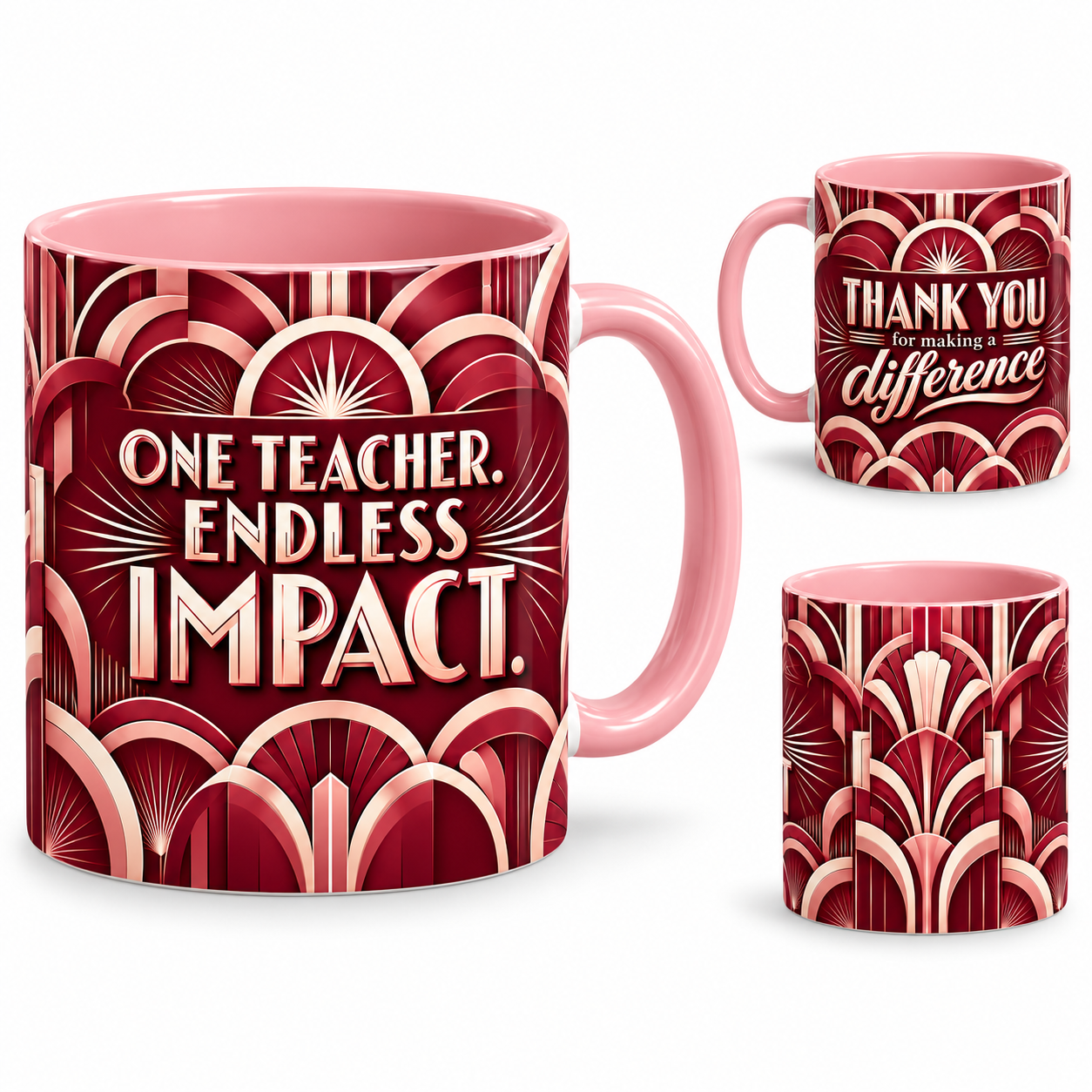 Endless Impact Mug – 320ml, pink ceramic mug, views of the full-wrap Teacher’s Day design