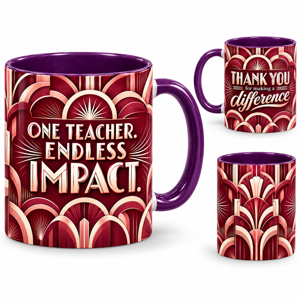 Endless Impact Mug – 320ml, purple ceramic mug, views of the full-wrap Teacher’s Day design