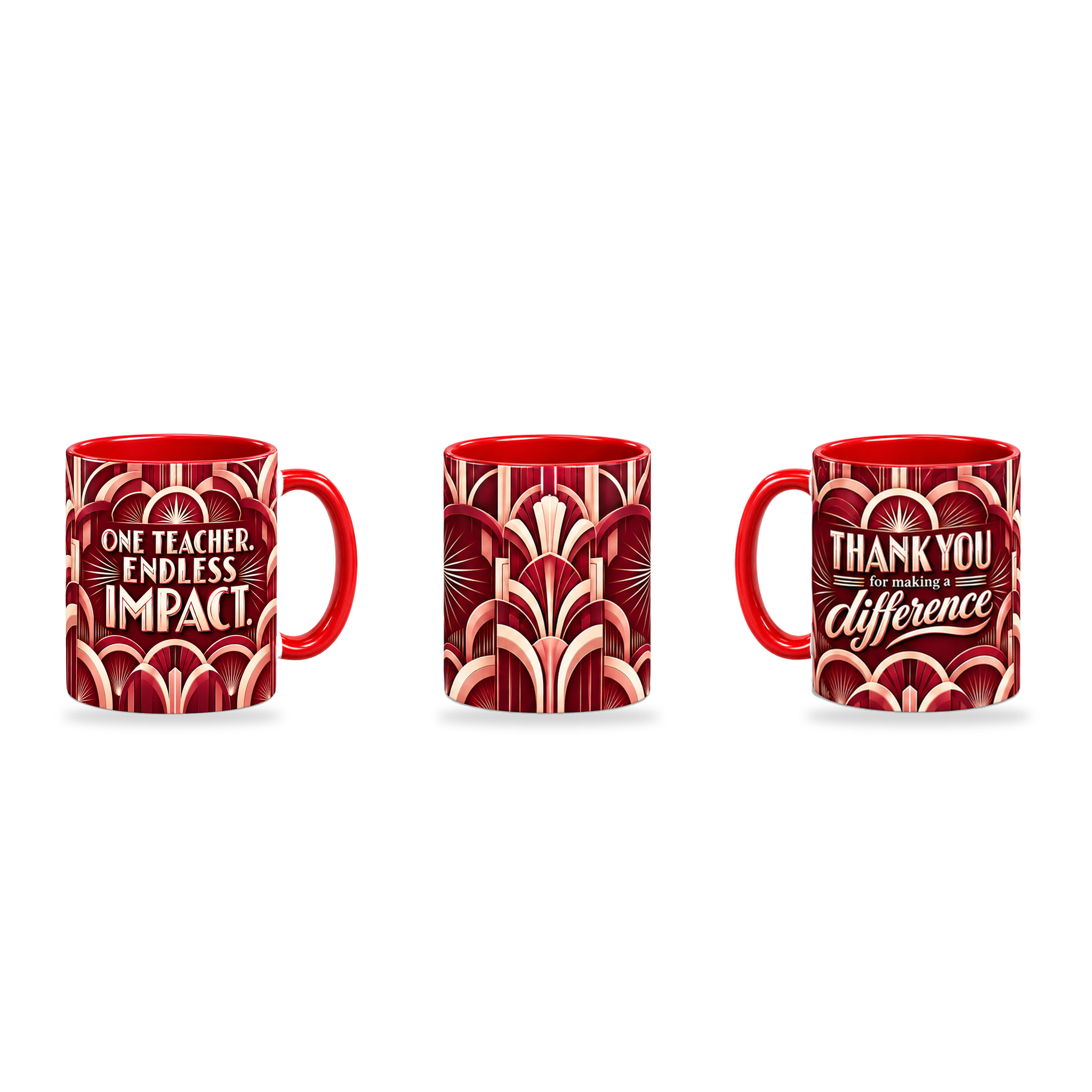 Endless Impact Mug – 320ml, Red ceramic mug, three-angle overview of the Teacher’s Day artwork
