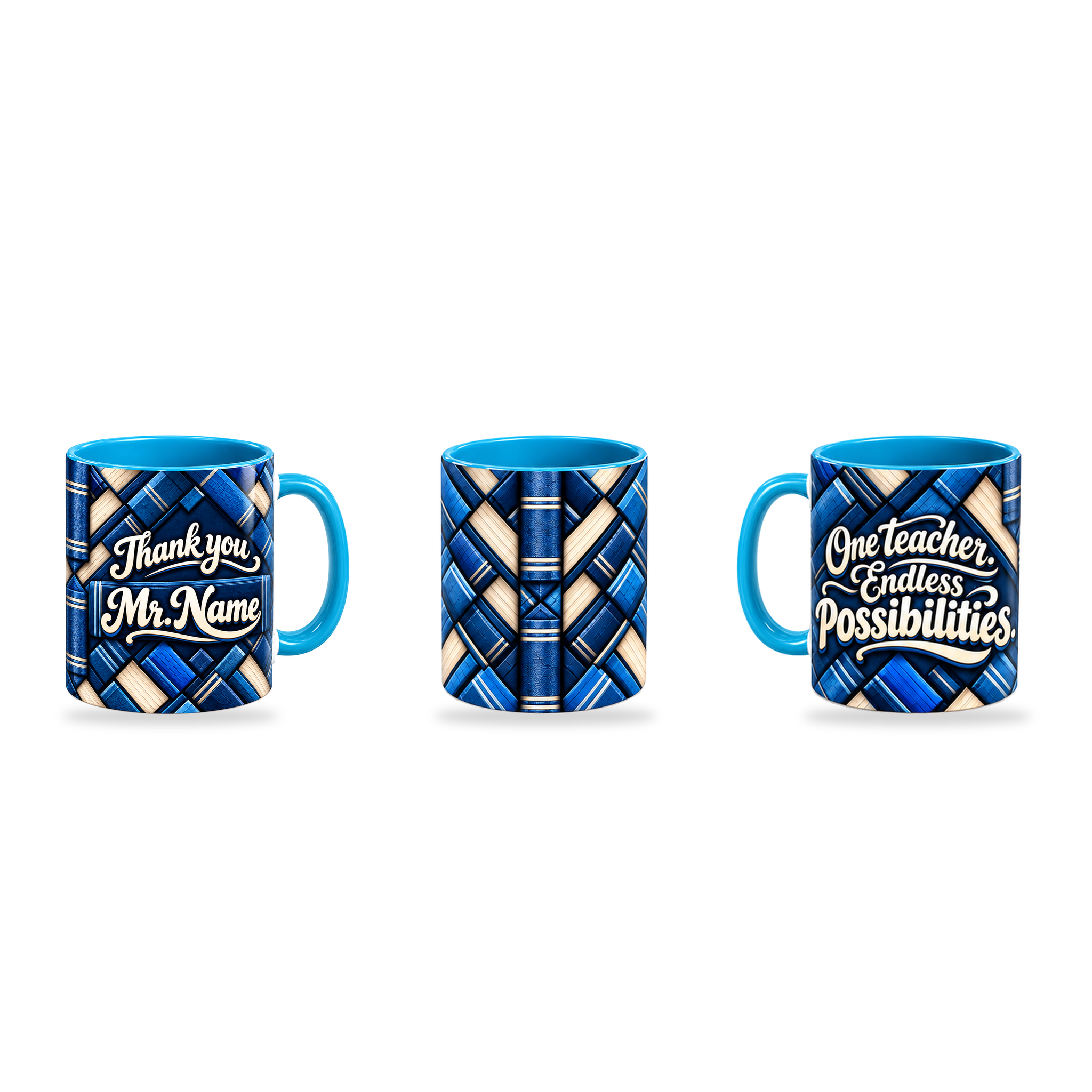 Endless Possibilities Mug – 320ml, Light Blue ceramic mug, three-angle overview of the Teacher’s Day artwork