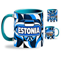 Estonia Mug Teal – 320ml with teal handle, showing the country-name side plus companion centered-flag and landmark views of the glossy full-wrap design by Fann Bliss.