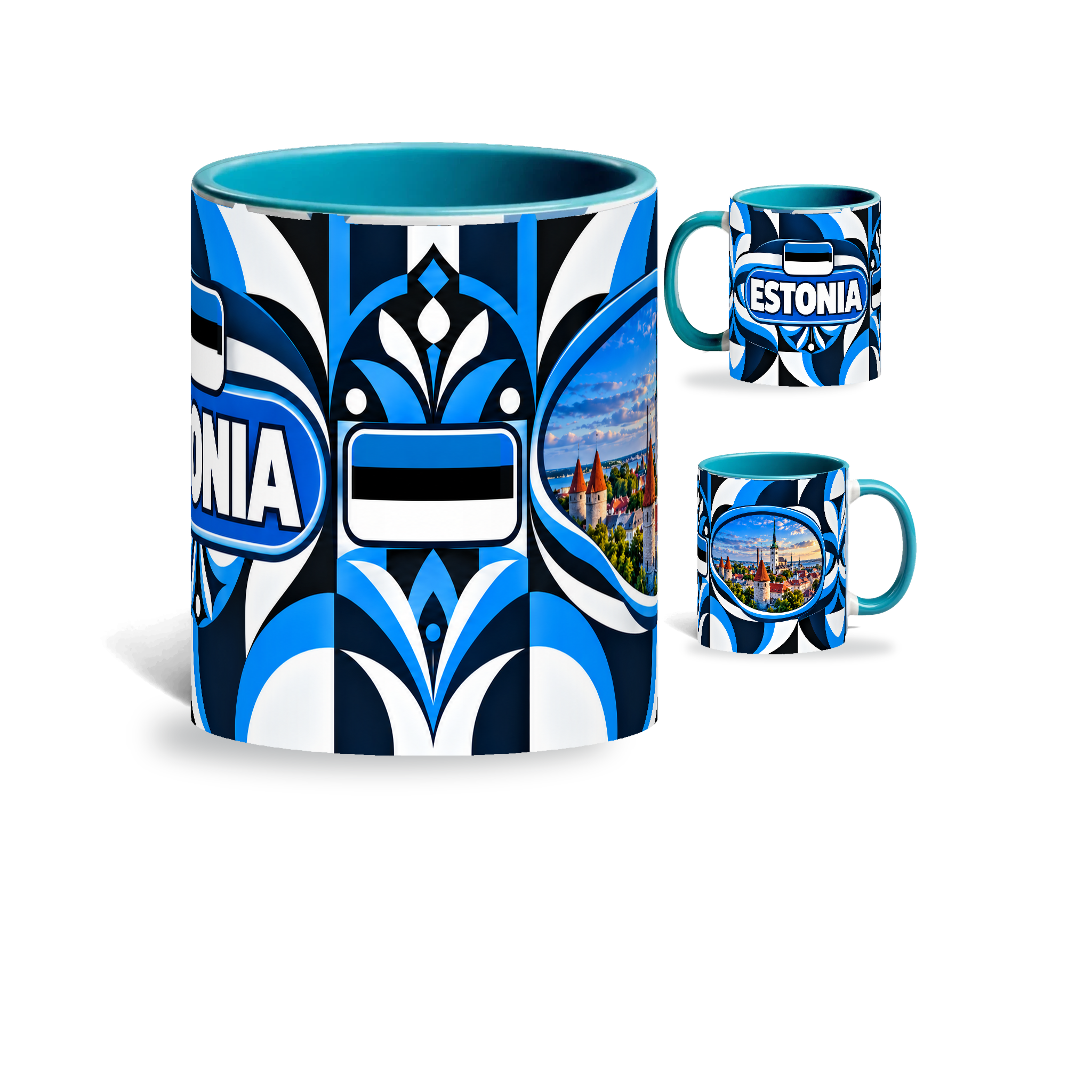 Estonia Mug Teal – 320ml with teal handle, showing the centered flag view plus companion country-name and landmark views of the glossy full-wrap design by Fann Bliss.