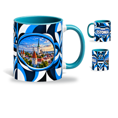 Estonia Mug Teal – 320ml with teal handle, showing the landmark side plus companion country-name and centered-flag views of the glossy full-wrap design by Fann Bliss.